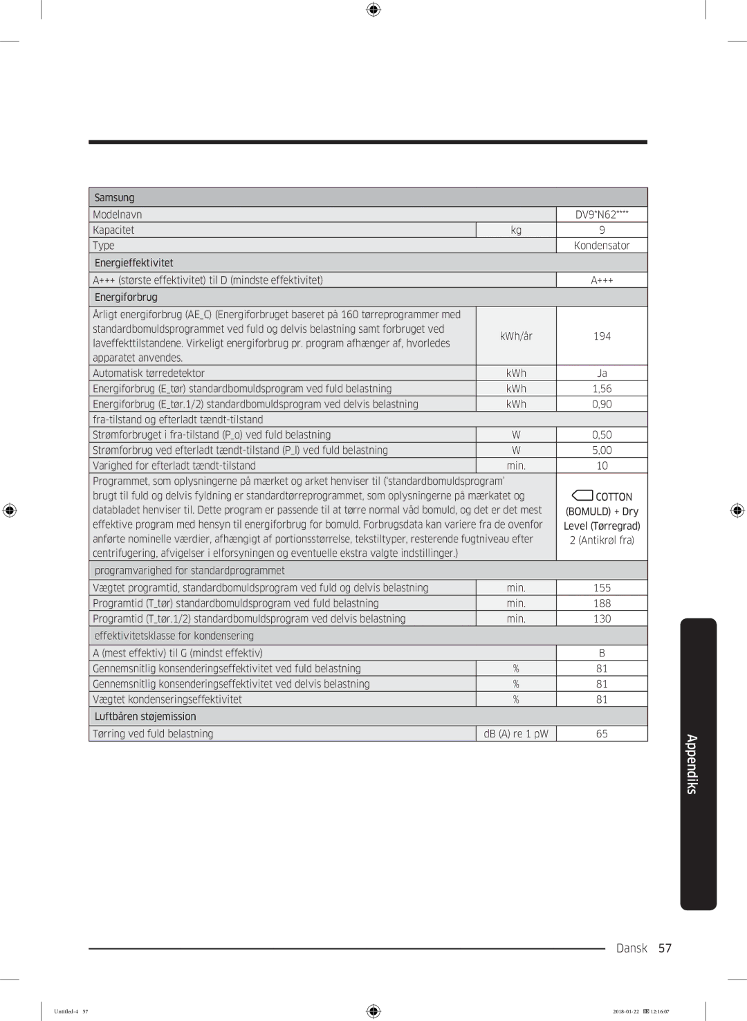 Samsung DV90N62632W/EE manual Dansk 57  